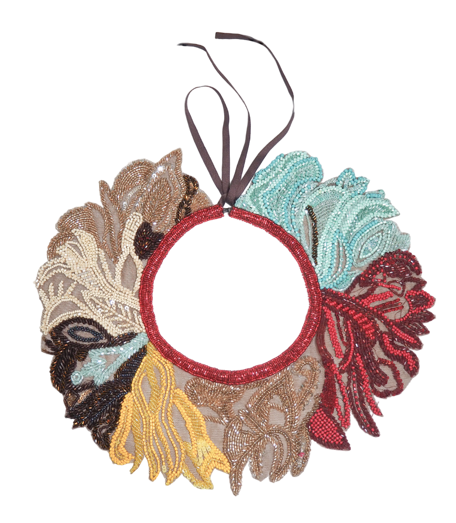 Colorful embroidered lace collar on a light gray background