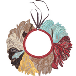 Colorful embroidered lace collar on a light gray background