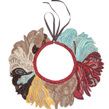 Colorful embroidered lace collar on a light gray background